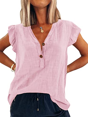 Onsoyours Damen V Ausschnitt Tank Top Leinenbluse Ärmellose Rüsche Oberteile Sommer T Shirt Hemd Casual Tunika Einfarbig Bluse Shirts Rosa XL von Onsoyours