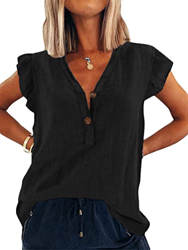 Onsoyours Damen V Ausschnitt Tank Top Leinenbluse Ärmellose Rüsche Oberteile Sommer T Shirt Hemd Casual Tunika Einfarbig Bluse Shirts Schwarz L von Onsoyours