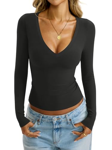 Onsoyours Damen V-Ausschnitt Tshirt Langarm Eng Oberteile Herbst Winter Slim Fit Y2K Tops A Schwarz XS von Onsoyours