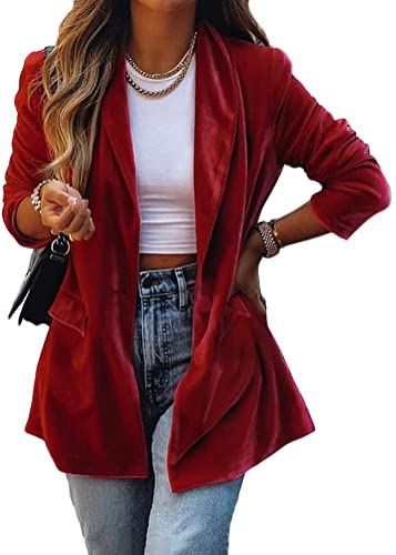 Onsoyours Damen Velvet Blazer Einfarbig Revers Knopf Samt Büromantel C Weinrot L von Onsoyours