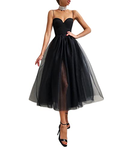 Onsoyours Damen Vintage Cocktailkleid aus Tüll Spaghetti Strap Einfarbig A Linie Kleid Abendkleid Elegant Partykleid Midi Ballkleid A Schwarz S von Onsoyours