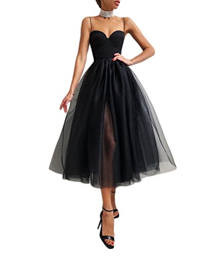 Onsoyours Damen Vintage Cocktailkleid aus Tüll Spaghetti Strap Einfarbig A Linie Kleid Abendkleid Elegant Partykleid Midi Ballkleid A Schwarz XS von Onsoyours