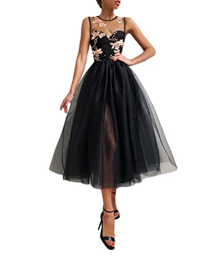 Onsoyours Damen Vintage Cocktailkleid aus Tüll Spaghetti Strap Einfarbig A Linie Kleid Abendkleid Elegant Partykleid Midi Ballkleid Schwarz 02 S von Onsoyours