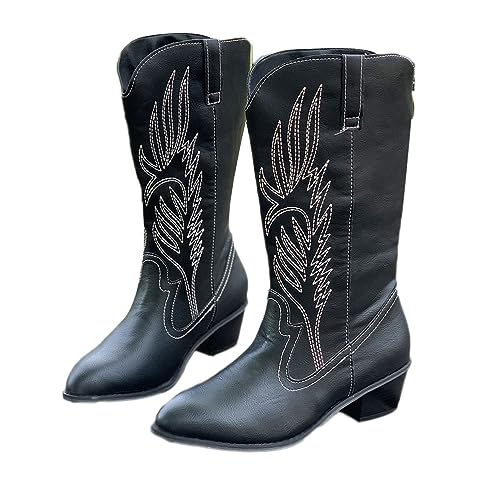 Onsoyours Damen Vintage Stiefel mit Spitzer Spitze Blockabsatz Bestickte Stiefel Ritterstiefel Schnürstiefel Westernstiefel Herbst Winter B Schwarz 42 EU von Onsoyours