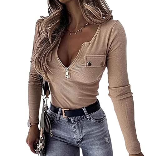Onsoyours Oberteile Damen Langarm Tshirt V-Ausschnitt Reißverschluss Stretch Pullover Gerippt Langarmshirts Ribbed Tops Basic Shirt B Khaki M von Onsoyours