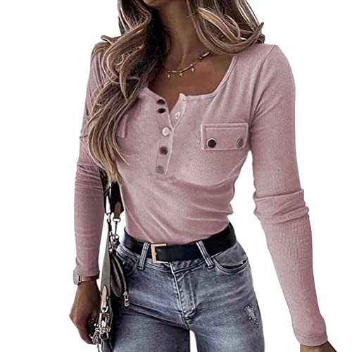 Onsoyours Damen Waffel Henley Hemden V Neck Lange Ärmel Blusen Button Up Tops Tunika-Oberteile Stricken C Rosa M von Onsoyours