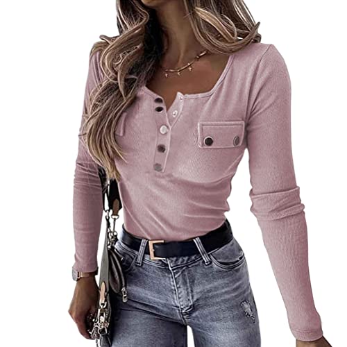 Onsoyours Oberteile Damen Langarm Tshirt V-Ausschnitt Reißverschluss Stretch Pullover Gerippt Langarmshirts Ribbed Tops Basic Shirt C Rosa M von Onsoyours