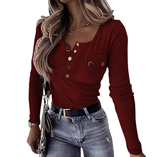 Onsoyours Damen Waffel Henley Hemden V Neck Lange Ärmel Blusen Button Up Tops Tunika-Oberteile Stricken C Rot M von Onsoyours