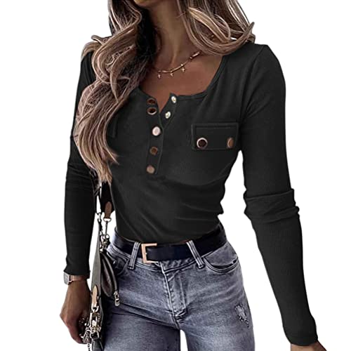 Onsoyours Damen Waffel Henley Hemden V Neck Lange Ärmel Blusen Button Up Tops Tunika-Oberteile Stricken C Schwarz M von Onsoyours