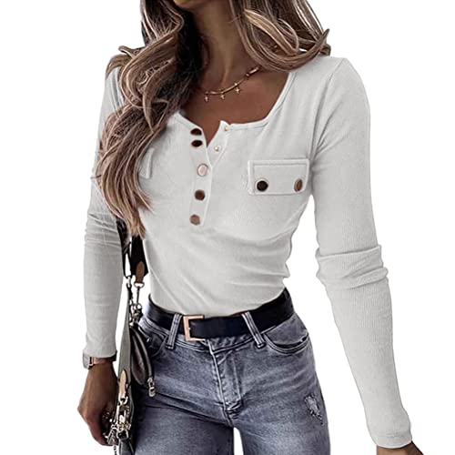 Onsoyours Damen Waffel Henley Hemden V Neck Lange Ärmel Blusen Button Up Tops Tunika-Oberteile Stricken C Weiß M von Onsoyours