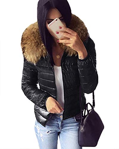 Onsoyours Damen Warm Mantel Wintermantel Kurz Winterjacke Dickere Parka Mantel Echtfell Kapuze Warm Gefüttert Waschbar Mit Kapuze Slim fit Outwear Schwarz L von Onsoyours