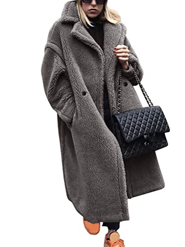 Onsoyours Damen Warme Übergangs Mantel Revers Plüschmantel Frauen Casual Bequem Lang Strickjacke Cardigan Trenchcoat Outwear Langarm Windbreaker Strickpullover Coat 01 Grau L von Onsoyours