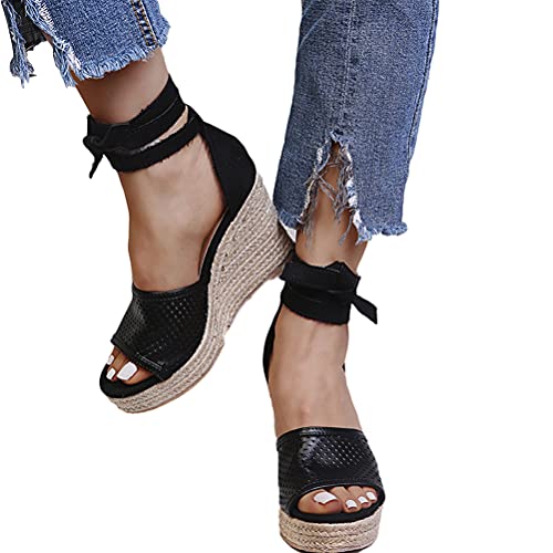 Onsoyours Damen Wedges Plateau Sandaletten High Heels Keilabsatz Sandalen mit Schnürung Sommer Schuhe A Schwarz 38 EU von Onsoyours