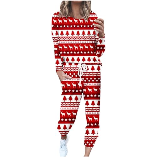 Onsoyours Damen Weihnachten Druck Anzug Sportanzug Jogginganzug Langarm Rundhals Langarmshirt + Kordelzug Sporthosen Trainingsanzug Zweiteilige Casual Freizeitanzug Set A Muster-13 3XL von Onsoyours