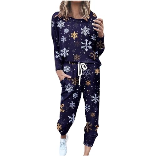 Onsoyours Damen Weihnachten Druck Anzug Sportanzug Jogginganzug Langarm Rundhals Langarmshirt + Kordelzug Sporthosen Trainingsanzug Zweiteilige Casual Freizeitanzug Set A Muster-17 3XL von Onsoyours