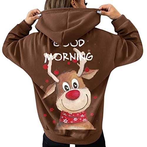Onsoyours Damen Weihnachten Hoodie Winter Sweatshirt mit Kapuze Tasche Elch Pullover Langarm Sweater Weihnachtspullover Kapuzenpullover Braun-3 XS von Onsoyours