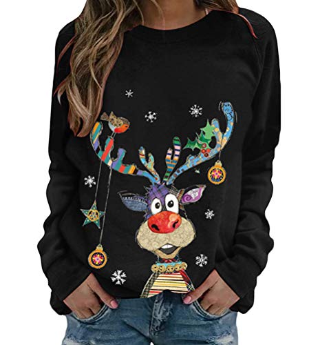 Onsoyours Damen Weihnachten Langarmshirt Weihnachtspullover Festliche T-Shirt Rundhals Slim Fit Pullover Sweatshirt Bedrucktes Bluse Shirt Tunika Weihnachten Oberteil A Schwarz XL von Onsoyours