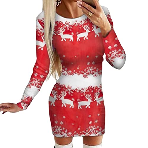 Onsoyours Damen Weihnachtskleider Bodycom Kleid Rundhals Langarm Strickkleid Pullikleid Minikleid Winterkleid für Weihnachten Party H Rot XS von Onsoyours