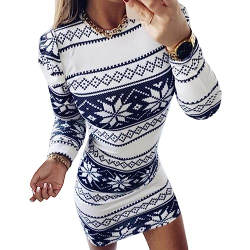 Onsoyours Damen Weihnachtskleider Bodycom Kleid Rundhals Langarm Strickkleid Pullikleid Minikleid Winterkleid für Weihnachten Party H Weiß XS von Onsoyours