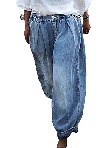 Onsoyours Damen Weite Jeans Hosen Elastische Taille Tapered Haremshosen Schnitt Straight Blumendruck Baggy Boyfriend Jeanshosen A Blau XL von Onsoyours