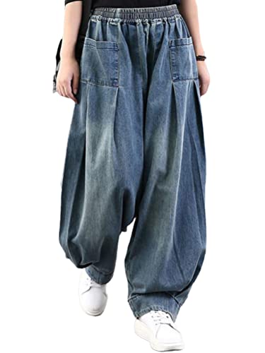 Onsoyours Damen Weite Jeans Hosen Elastische Taille Tapered Haremshosen Schnitt Straight Blumendruck Baggy Boyfriend Jeanshosen Z3 Blau S von Onsoyours