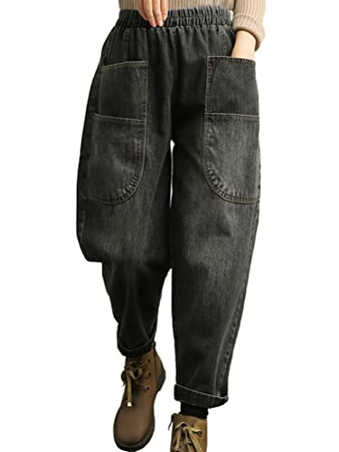 Onsoyours Damen Weite Jeans Hosen Elastische Taille Tapered Haremshosen Schnitt Straight Blumendruck Baggy Boyfriend Jeanshosen Z4 Schwarz L von Onsoyours