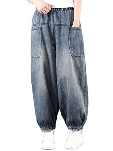 Onsoyours Damen Weite Jeans Hosen Elastische Taille Tapered Haremshosen Schnitt Straight Blumendruck Baggy Boyfriend Jeanshosen Z5 Blau M von Onsoyours