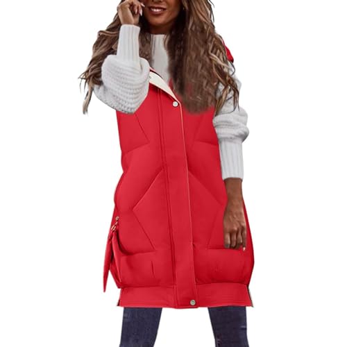 Onsoyours Damen Weste Gesteppte Warm Ärmellos Button Down Puff Westen Herbst Winter Casual Bequem Einfarbig Steppweste mit Kapuze Reißverschluss Daunenjacke Kapuzenweste Lose Jacke A Rot S von Onsoyours