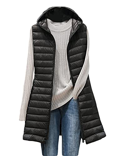 Onsoyours Damen Weste Steppweste Kapuze Vest Ärmellos Jacke Weste Mantel Ärmellose Warmer Daunenmantel mit Taschen Leichte Lange Schlanke Weste Jacke Reißverschluss Einfarbige Outdoor A Schwarz XXL von Onsoyours