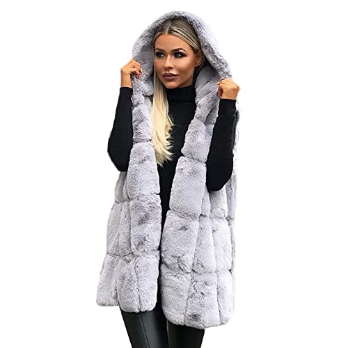 Onsoyours Damen Weste Wintermantel Kunstpelz Ärmellose Jacke Winterjacke mit Kapuze Lange Mantel Outwear Warm Pelzweste Pelzjacke Pelzmantel A1 Grau 3XL von Onsoyours