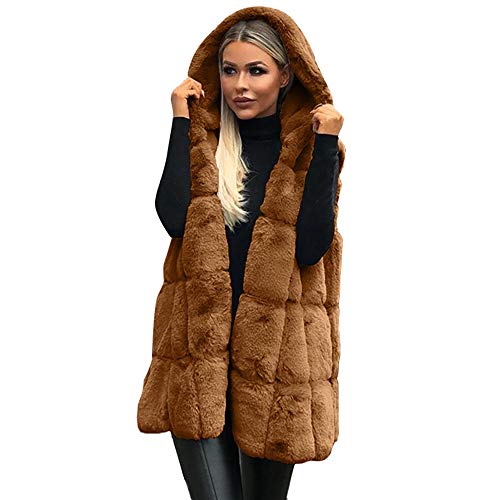 Onsoyours Damen Weste Wintermantel Kunstpelz Ärmellose Jacke Winterjacke mit Kapuze Lange Mantel Outwear Warm Pelzweste Pelzjacke Pelzmantel A1 Kaffee XXL von Onsoyours