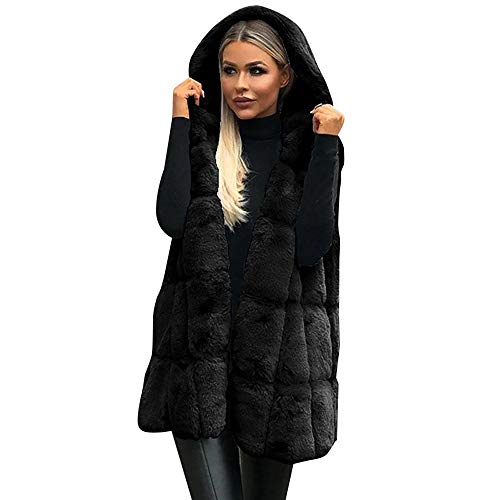 Onsoyours Damen Weste Wintermantel Kunstpelz Ärmellose Jacke Winterjacke mit Kapuze Lange Mantel Outwear Warm Pelzweste Pelzjacke Pelzmantel A1 Schwarz XL von Onsoyours