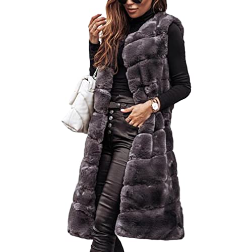 Onsoyours Damen Weste Wintermantel Kunstpelz Ärmellose Jacke Winterjacke mit Kapuze Lange Mantel Outwear Warm Pelzweste Pelzjacke Pelzmantel B Grau XL von Onsoyours