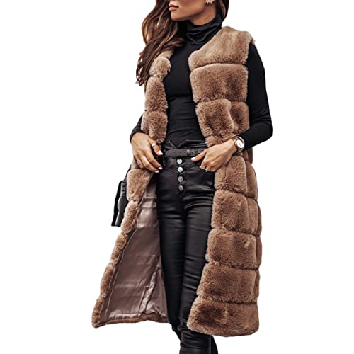 Onsoyours Damen Weste Wintermantel Kunstpelz Ärmellose Jacke Winterjacke mit Kapuze Lange Mantel Outwear Warm Pelzweste Pelzjacke Pelzmantel B Khaki XL von Onsoyours