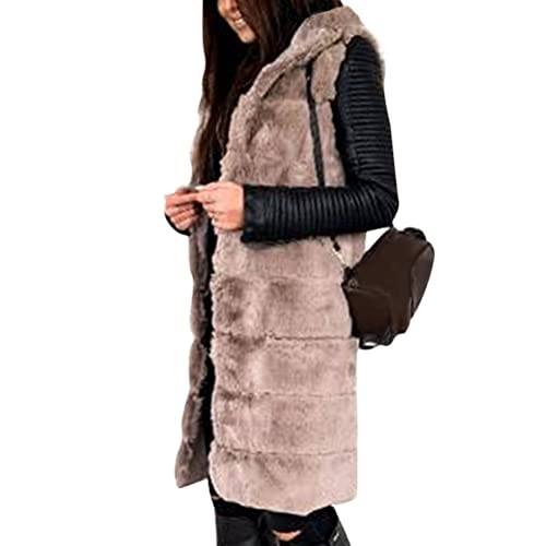 Onsoyours Damen Weste Wintermantel Kunstpelz Ärmellose Jacke Winterjacke mit Kapuze Lange Mantel Outwear Warm Pelzweste Pelzjacke Pelzmantel C Khaki XL von Onsoyours