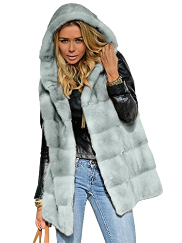 Onsoyours Damen Weste Wintermantel Kunstpelz Ärmellose Jacke Winterjacke mit Kapuze Lange Mantel Outwear Warm Pelzweste Pelzjacke Pelzmantel D Grau 3XL von Onsoyours