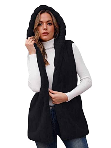 Onsoyours Damen Weste Wintermantel Kunstpelz Ärmellose Jacke Winterjacke mit Kapuze Lange Mantel Outwear Warm Pelzweste Pelzjacke Pelzmantel E Schwarz XL von Onsoyours