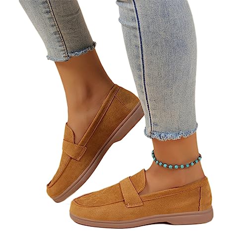 Onsoyours Damen Wildleder Loafers Flache Lässige Schuhe Freizeitschuhe Slip on Round Toe Wanderschuhe Bequeme Halbschuhe Sommer Bootsschuhe Atmungsaktiv Mokassins Slippers A Braun 43 EU von Onsoyours