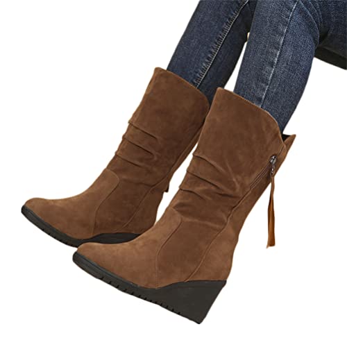 Onsoyours Damen Wildleder Mittelhohe Stiefel Reitstiefel Einfarbig Winterstiefel Slip On Runde Zehe Schneestiefel Erhöhung Ritterstiefel mit Keilabsatz Herbst Winter B Braun 43 EU von Onsoyours