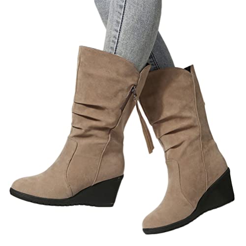 Onsoyours Damen Wildleder Mittelhohe Stiefel Reitstiefel Einfarbig Winterstiefel Slip On Runde Zehe Schneestiefel Erhöhung Ritterstiefel mit Keilabsatz Herbst Winter B Khaki 41 EU von Onsoyours