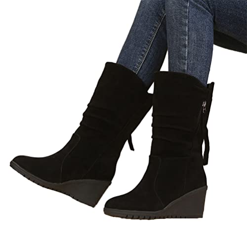 Onsoyours Damen Wildleder Mittelhohe Stiefel Reitstiefel Einfarbig Winterstiefel Slip On Runde Zehe Schneestiefel Erhöhung Ritterstiefel mit Keilabsatz Herbst Winter B Schwarz 42 EU von Onsoyours