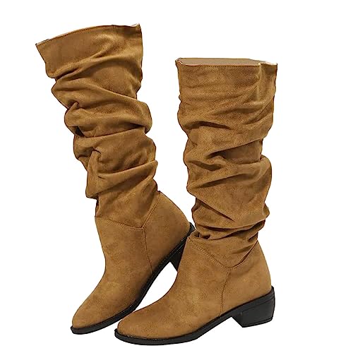 Onsoyours Damen Wildleder Mittelhohe Stiefel Reitstiefel Einfarbig Winterstiefel Slip On Spitz Zulaufend Schneestiefel Ritterstiefel mit Klobigem Absatz Herbst Winter A Braun 39 EU von Onsoyours