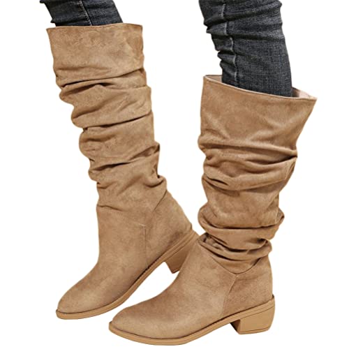 Onsoyours Damen Wildleder Mittelhohe Stiefel Reitstiefel Einfarbig Winterstiefel Slip On Spitz Zulaufend Schneestiefel Ritterstiefel mit Klobigem Absatz Herbst Winter A Khaki 38 EU von Onsoyours