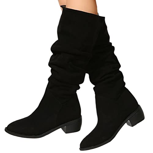 Onsoyours Damen Wildleder Mittelhohe Stiefel Reitstiefel Einfarbig Winterstiefel Slip On Spitz Zulaufend Schneestiefel Ritterstiefel mit Klobigem Absatz Herbst Winter A Schwarz 37 EU von Onsoyours