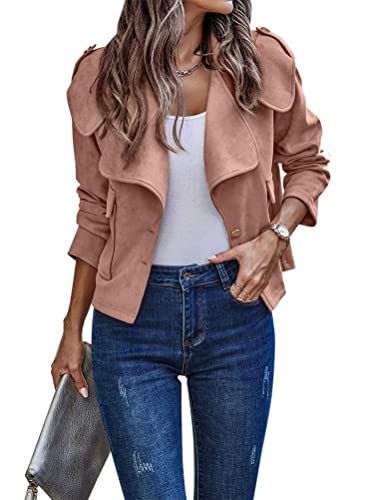 Onsoyours Damen Wildlederjacke Kurz Bikerjacke Bomberjacke Reverskragen Knöpfen Einfarbig Wildleder Jacke Übergangsjacke Kurze Jacke A Rosa XL von Onsoyours