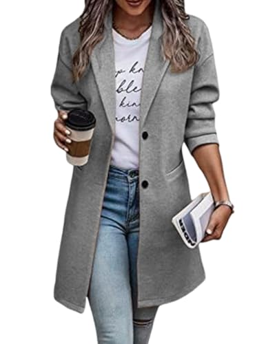 Onsoyours Damen Winter Blazer Mantel Lang Wollmantel Warme üBergangsjacke Einfarbig Blazer Jacke Herbst Winter Jacke Outwear Mantel Trenchcoat Slim Langer Jacken A Grau XS von Onsoyours