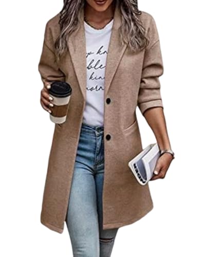 Onsoyours Damen Winter Blazer Mantel Lang Wollmantel Warme üBergangsjacke Einfarbig Blazer Jacke Herbst Winter Jacke Outwear Mantel Trenchcoat Slim Langer Jacken A Khaki M von Onsoyours