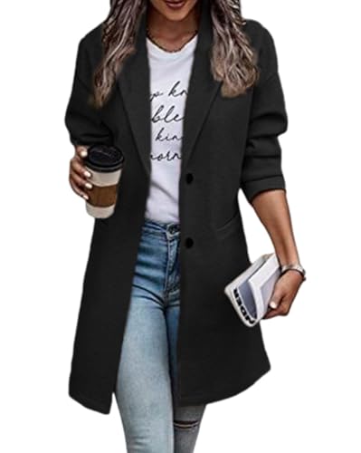 Onsoyours Damen Winter Blazer Mantel Lang Wollmantel Warme üBergangsjacke Einfarbig Blazer Jacke Herbst Winter Jacke Outwear Mantel Trenchcoat Slim Langer Jacken A Schwarz L von Onsoyours