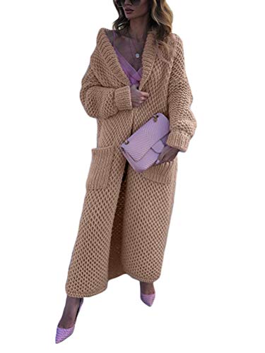 Onsoyours Damen Winter Elegante Gestrickte Strickjacke Strickmantel mit Kapuzen Outwear Lange Verdicken Cardigan Winterjacke Pullover Pulli Offener Ausschnitt Lose Outwear Khaki L von Onsoyours