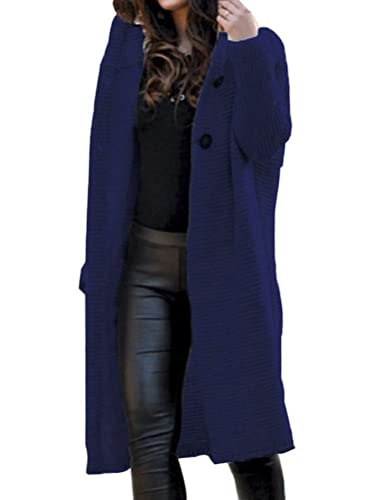 Onsoyours Damen Winter Gestrickte Strickjacke Outwear Lange Verdicken Cardigan Strickmantel mit Kapuzen Winterjacke Pullover Solid Color Offener Ausschnitt A Blau 50 von Onsoyours